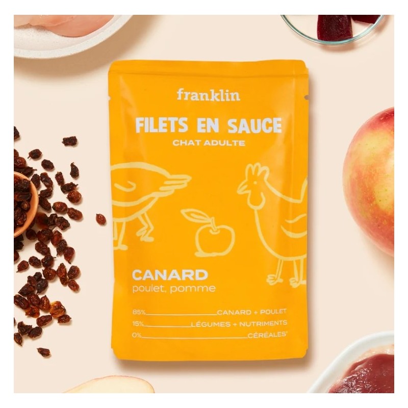 CANARD, POULET, POMME
Filets en sauce chat,12 x 85g